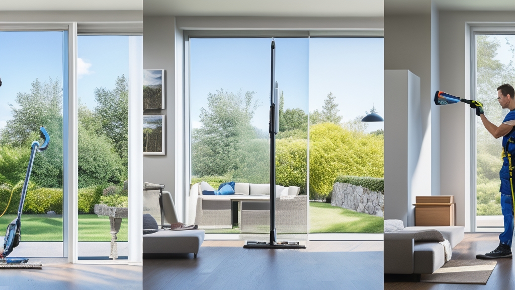 Professzionális ablaktisztítás bemutató vezetékes és vezeték nélküli gépekkel nagy üvegablakokon osztott képernyős összehasonlítás