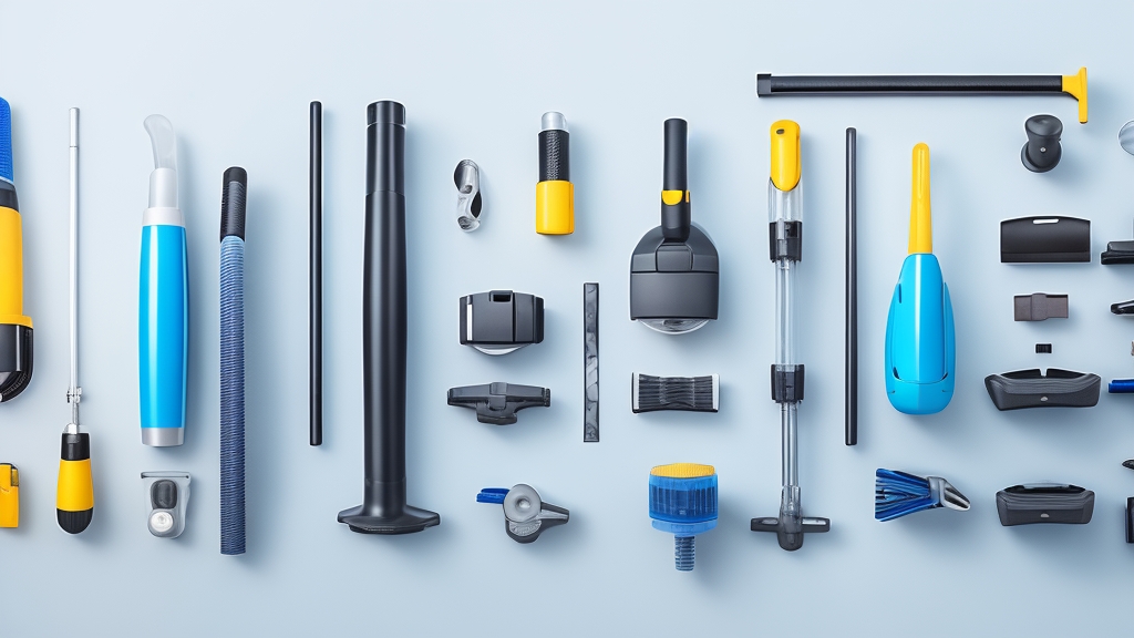 Professzionális ablaktisztító szívófejek és tartozékok szervezett bemutatása részletes technikai fotográfiával